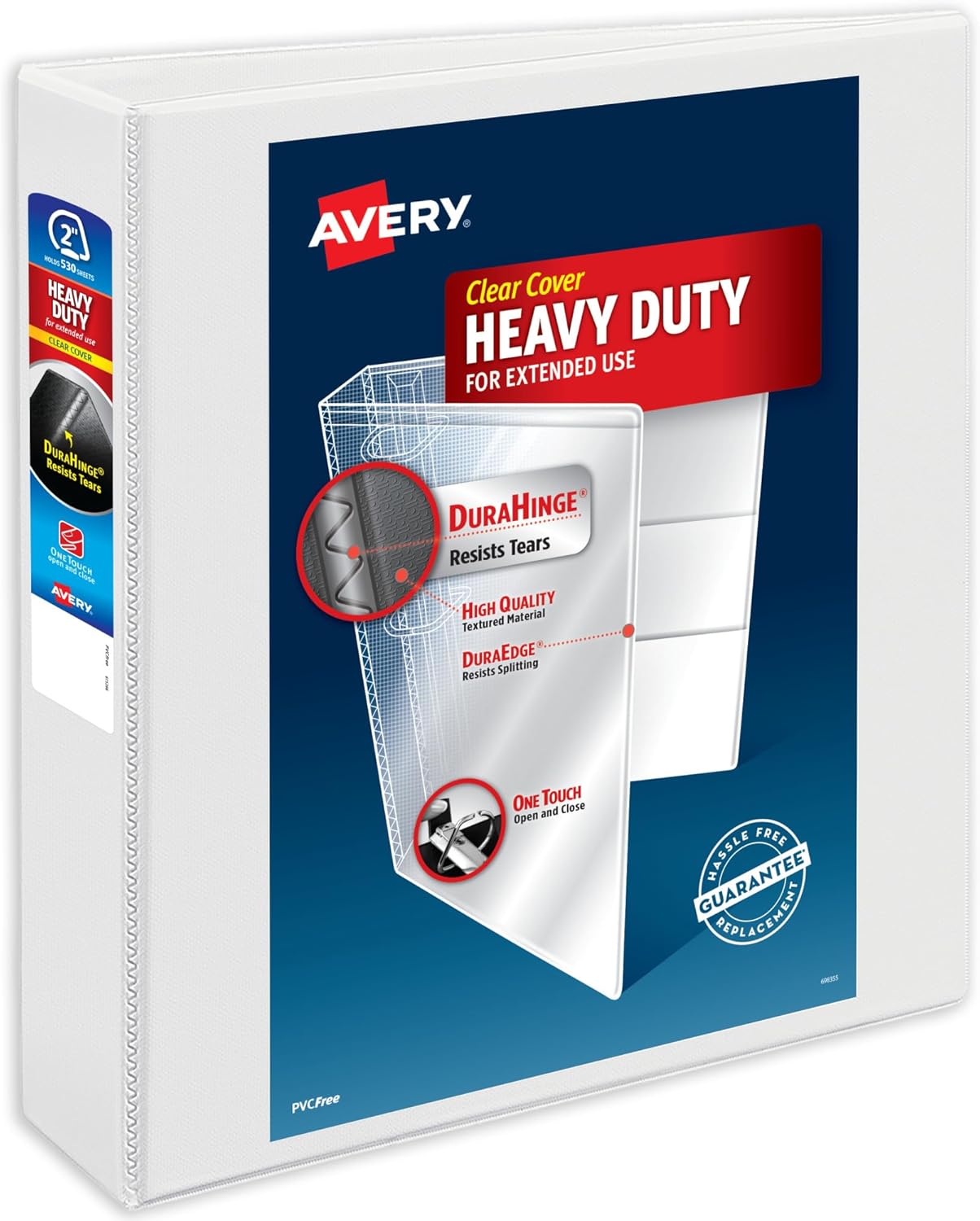 Avery Heavy-Duty View 3 Ring Binder, 2 Inch One Touch Slant Rings, 530-Sheet Capacity, DuraHinge, 2.8 Inch Wide Spine, Customizable Clear Cover and Spine, 1 White Binder (79792)