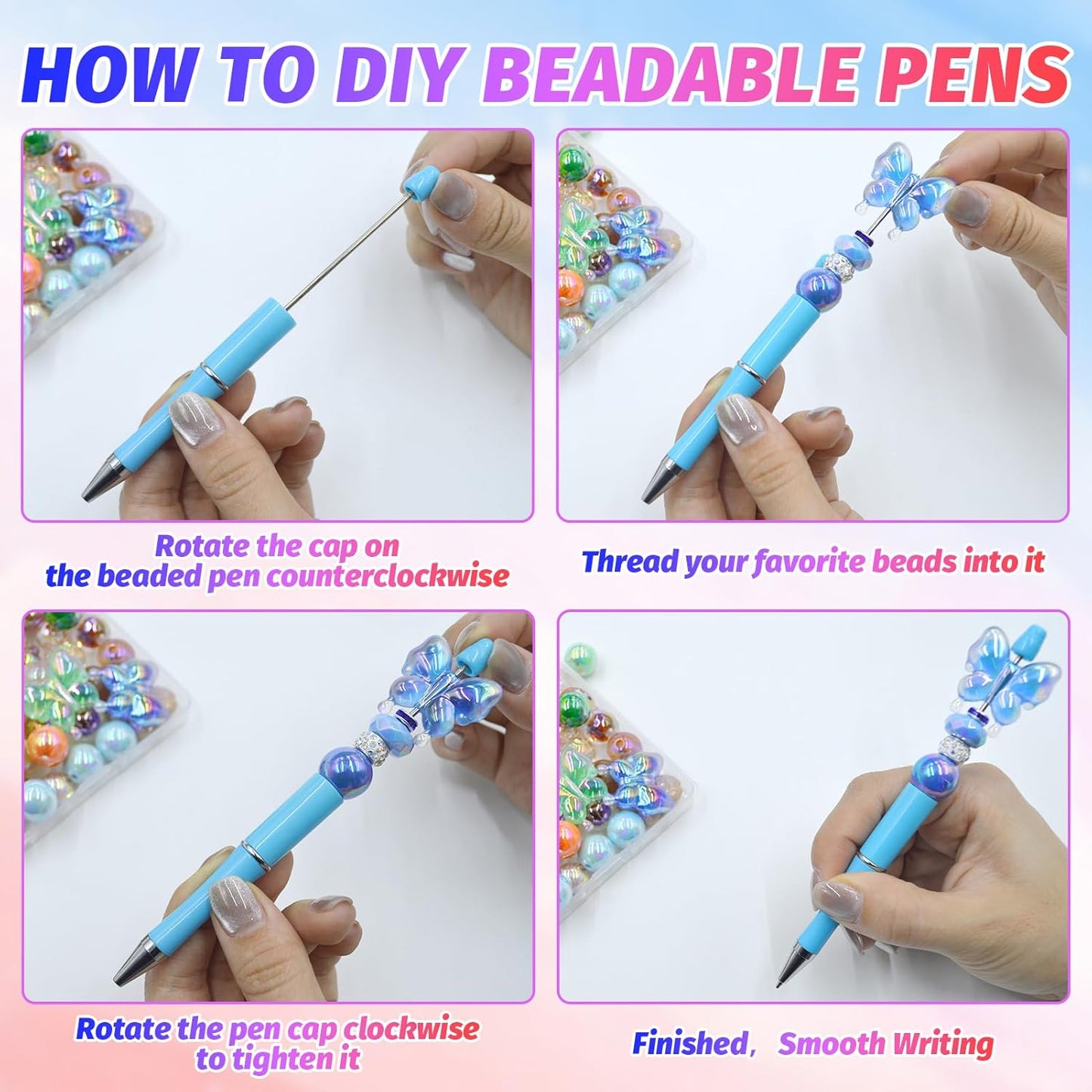 150 Pieces DIY Beadable Pen Kit – 50 Plastic Ballpoint Pens with Refills & Bags, Beads Not Included – School Supplies, Office Accessories & Craft Gifts for Students & Teachers (Multicolor)