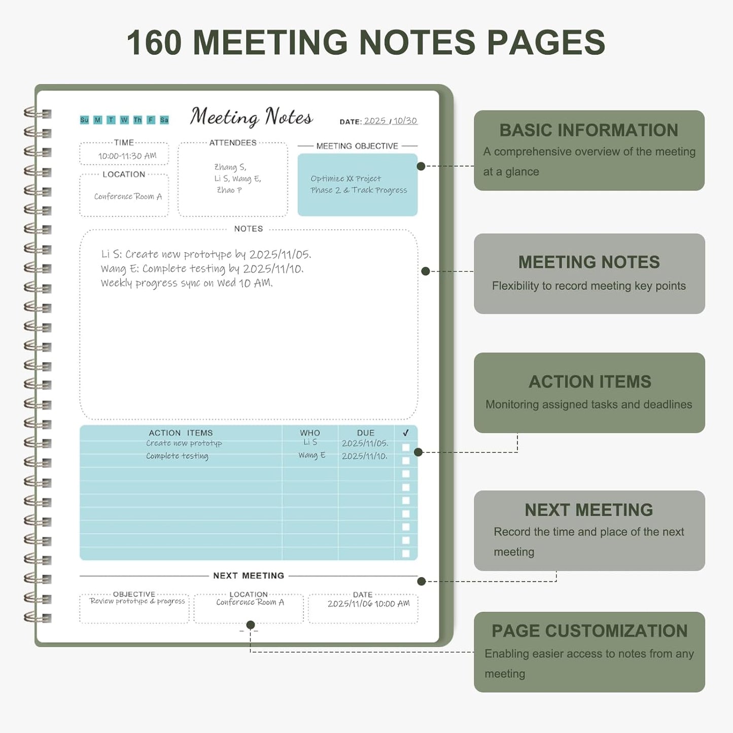 Meeting Notebook for Work Organization, Work Planner Notebook with Action Items, Project Agenda Planner for Note Taking, 160 Pages (6.9" X 9.9"), Perfect Office School Business Supplies for Women & Men(Blue)