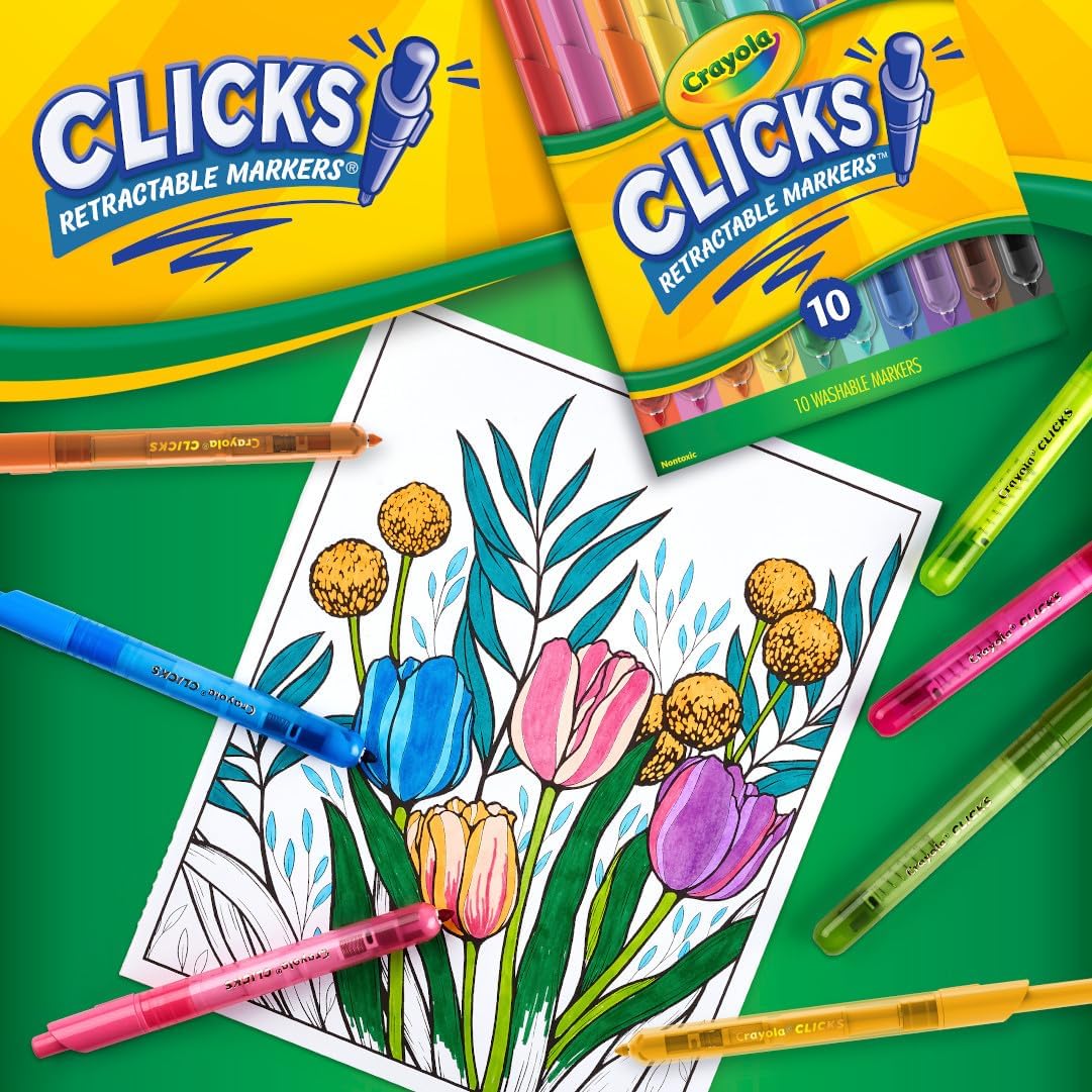 Crayola Clicks Retractable Markers Bold (10ct), Teacher Classroom School Supplies, Spring Crafts, No Dry Washable Markers for Kids