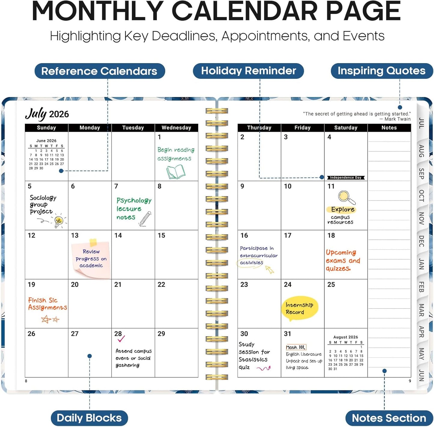 Planner 2026-2027, Academic Year Monthly and Weekly Calendar Planner, Jul 2026 - Jun 2027, Hardcover Teacher Student Planning Agenda book with Tabs, Perfect for School Office Supplies, 6.3" x 8.5" - Wildflowers