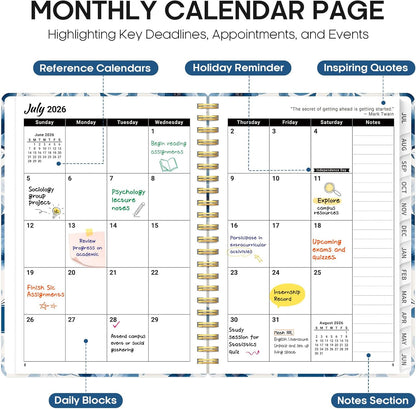 Planner 2026-2027, Academic Year Monthly and Weekly Calendar Planner, Jul 2026 - Jun 2027, Hardcover Teacher Student Planning Agenda book with Tabs, Perfect for School Office Supplies, 6.3" x 8.5" - Wildflowers