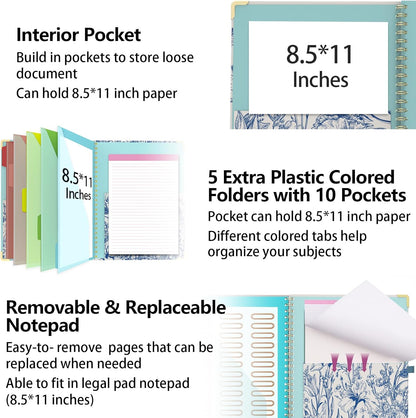 Clipboard Folder with Notepad Refillable Lined for Letter Size (11" x 8.5"), 5 Dividers with Storage 10 Pockets, Cute Spiral Foldable Clipboard with Metal Clip School Office Supplies (Sunflowers)