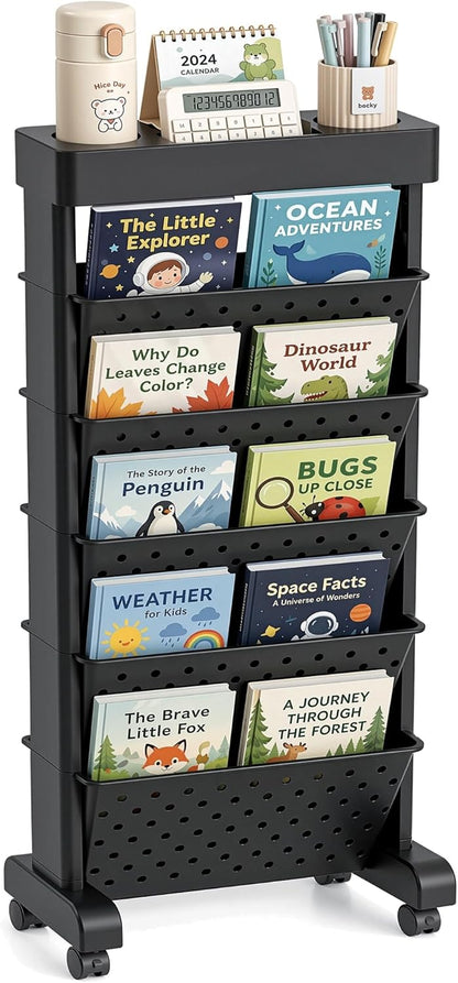 BYFU 6-Tier Movable Bookshelf Cart, Rolling File Storage Paper Organizer Mobile Bookcase with Wheels for Home Office Study Classroom, Black