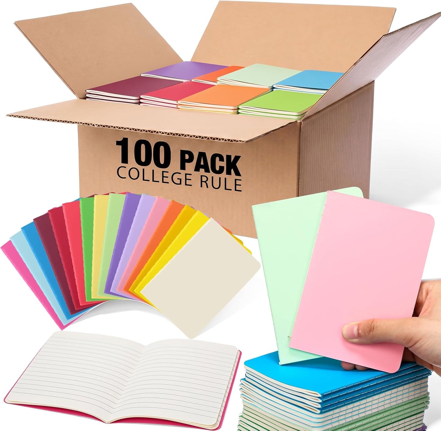 Handepo 100 Pack A5 Composition Notebooks 72 Pages/36 Sheets Ruled Lined Composition Kraft Notebooks Bulk Soft Cover Journals Travel Memo for Students Classroom Office Supplies(a5, Colourful)