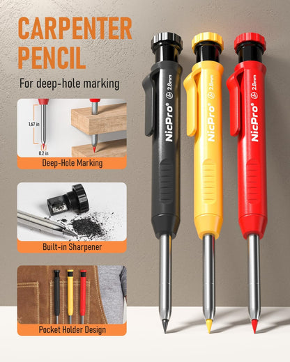 Nicpro 31 Pack Carpenter Pencil Set with Sharpener, Mechanical Carpenter Pencils with 128PCS Refills and Carbide Scribe Tool, Heavy Duty Construction Pencils for Architect Woodworking-With Canvas Case