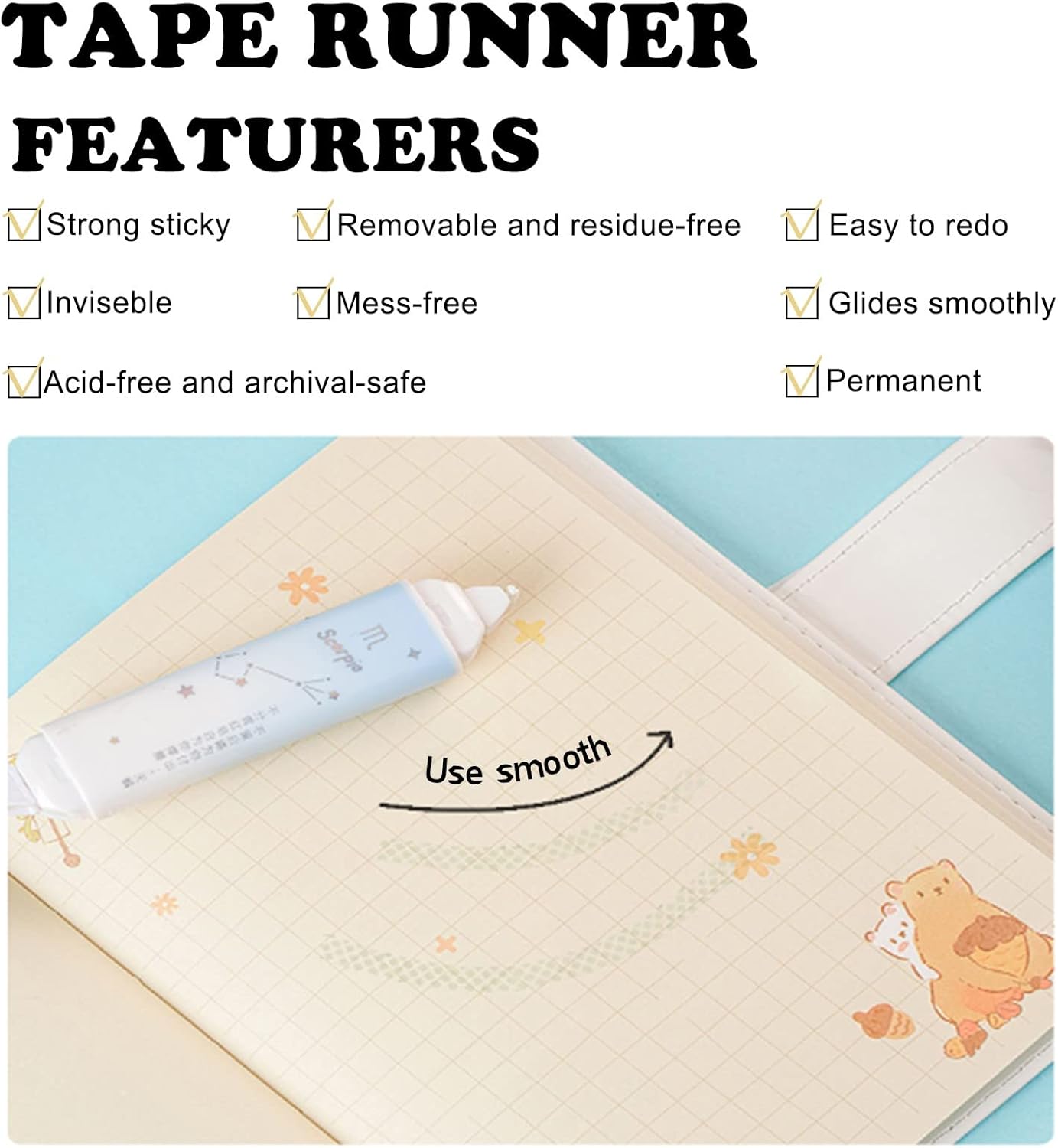 2 in 1 White Correction Tape and Double Sided Tape Roller, Cute Quick Dry Japan White Correction Tape Pen, with Permanent Adhesive Tape Runner,for School Office Instant Correction Supplies