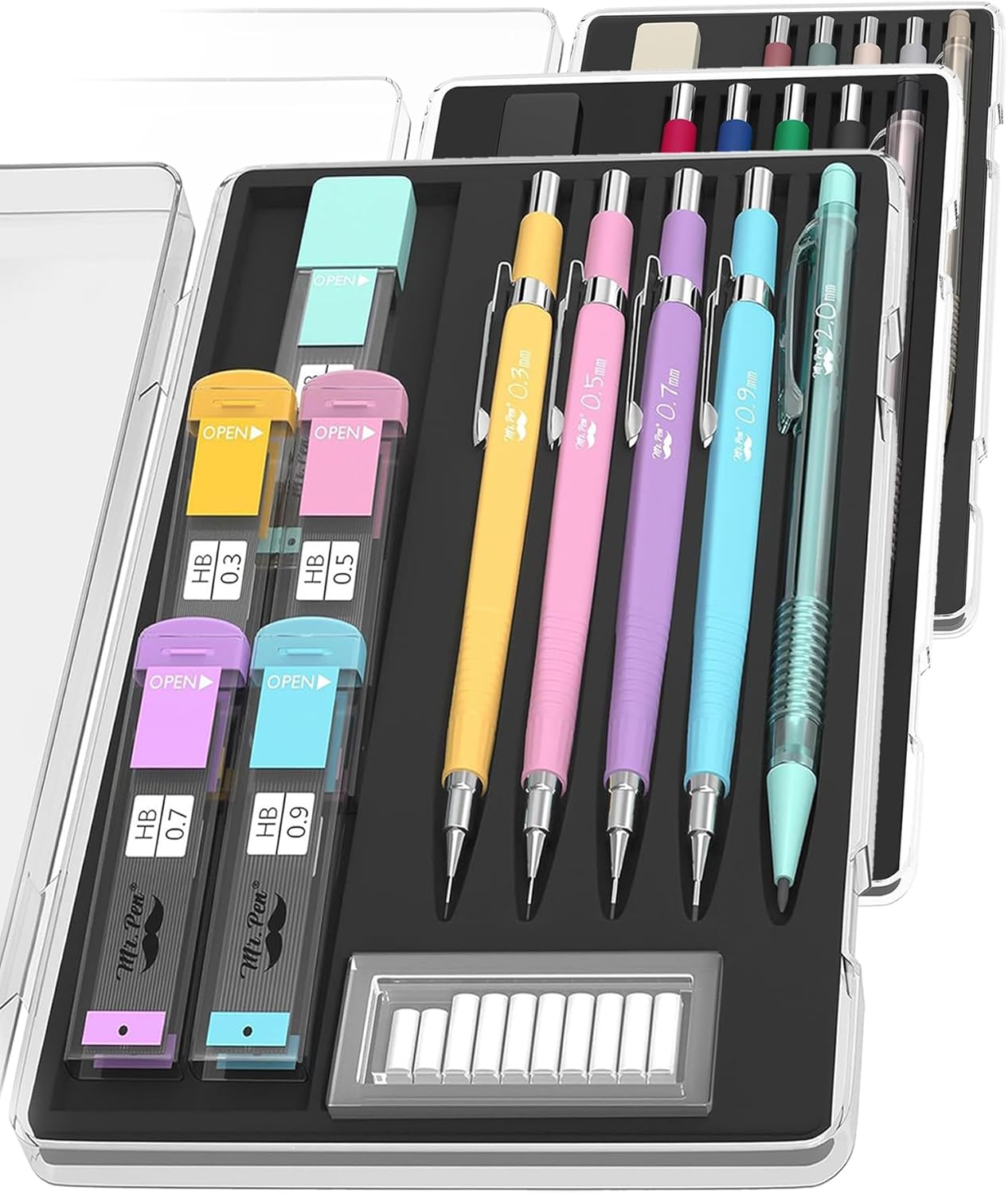 Mr. Pen- Art Mechanical Pencil Set, 5 Vintage Mechanical Pencils (0.3, 0.5, 0.7, 0.9, 2.0mm), 5 HB Lead Refills & 10 Eraser Refills, Precision Drawing Pencils for Sketching, Writing & Artwork
