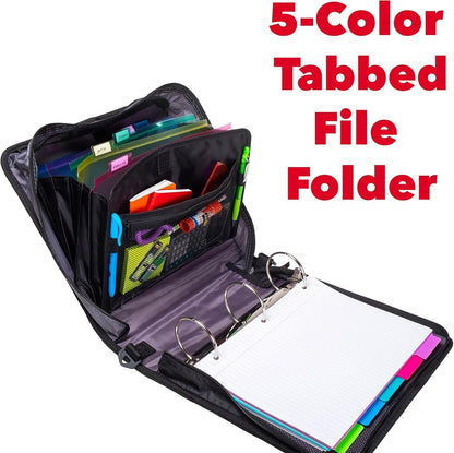 Case-it Mighty Zip Tab School Zipper Binder | 3-Inch O-Rings, 600-Sheet Capacity, 5-Subject Expanding File Folder, Multiple Pockets & Storage Organizer, Shoulder Strap | D-146 Jet Black