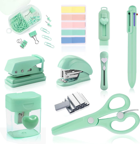 Green Mini Office Supply Kit Mini School Supplies Desk Accessory Set Includes Mini Stapler Pencil Sharpener Staple Remover Hole Punch Ballpoint Pen Scissor Box Cutter Paper Clips Sticky Index Tabs
