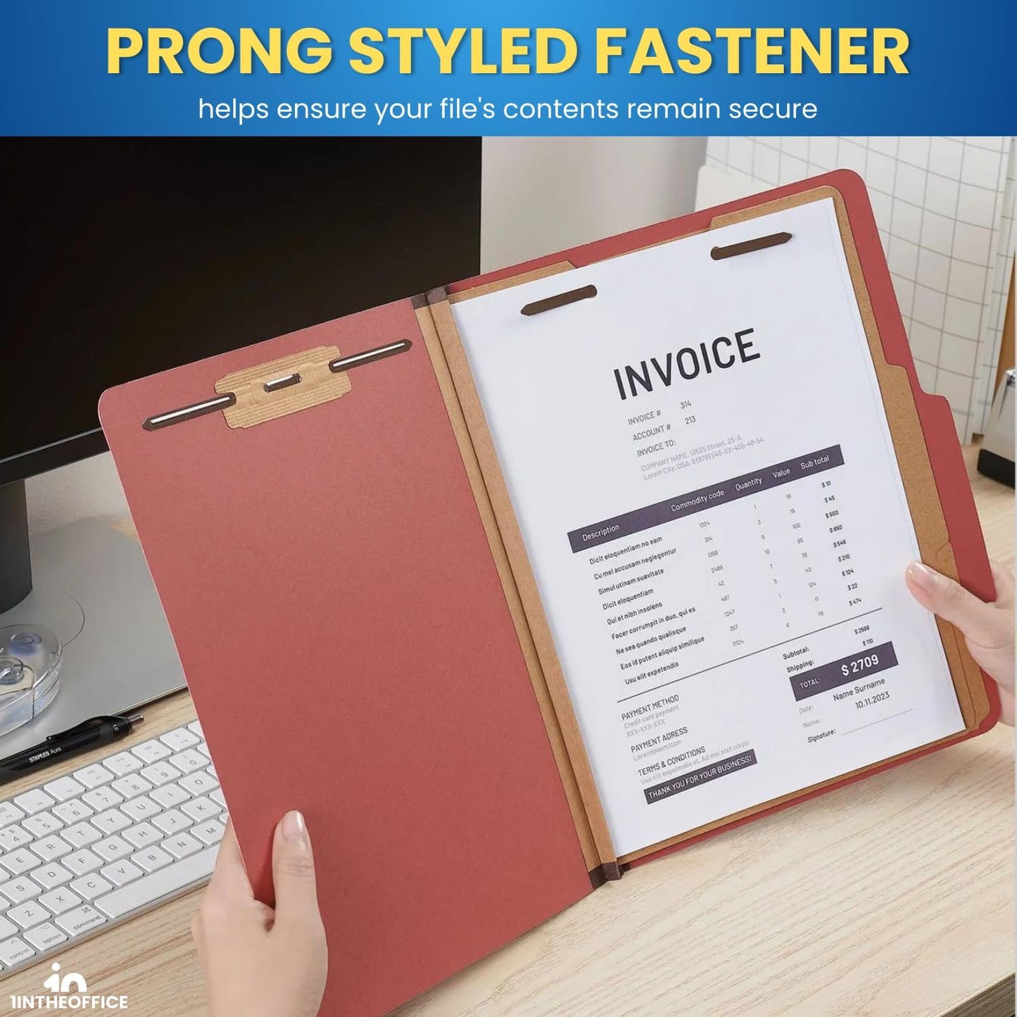 1InTheOffice Classification Folders, 2 Dividers, Heavy-Duty Pressboard Cover, Letter Size, Brick Red, 6 Fasteners,20 Pack