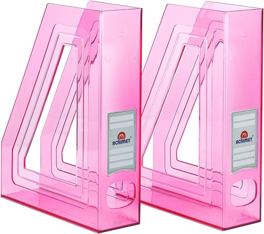 Acrimet Magazine File Holder Bin Storage, Vertical Rack for Documents, Folders and Mail, Durable Plastic Desk Organizer for Office & Home (Clear Pink Color) (2 Pack)