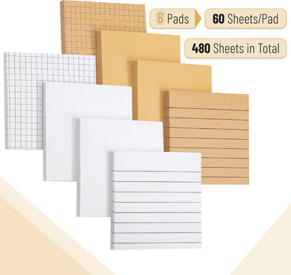 Mr. Pen- Lined Sticky Notes Set, 3”x3”, 8 Pads, 60 Sheets/Pad, Kraft Lined, Blank & Graph Sticky Notes Set, Lined Memo Pads, Self-Stick Note Pad for Office, School, Home, Study & Organization