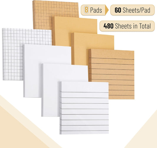 Mr. Pen- Lined Sticky Notes Set, 3”x3”, 8 Pads, 60 Sheets/Pad, Kraft Lined, Blank & Graph Sticky Notes Set, Lined Memo Pads, Self-Stick Note Pad for Office, School, Home, Study & Organization