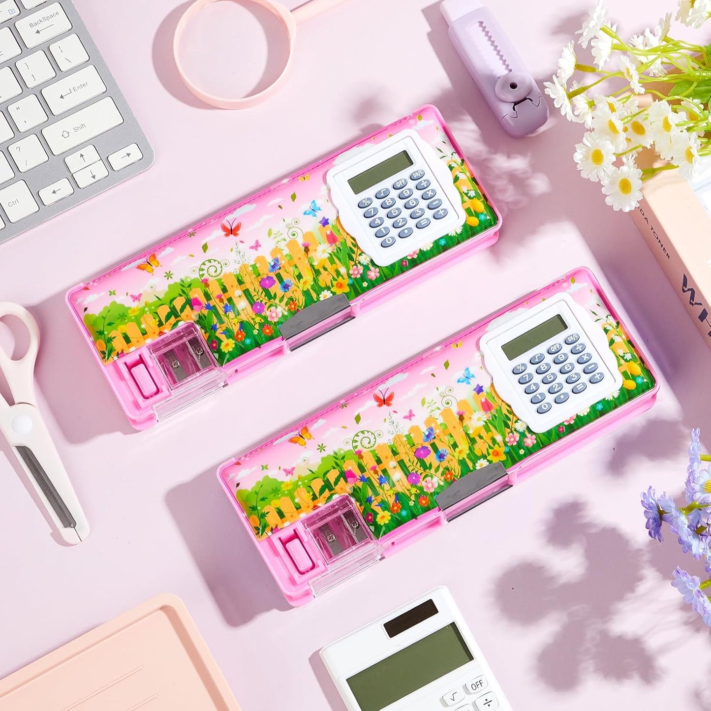 Henoyso Multifunctional Pencil Box for Girls Butterfly Pencil Case with Calculator and Sharpener Cool Cute Pencilcase School Supplies Essentials Christmas Birthday Gift Present for Kids Teens