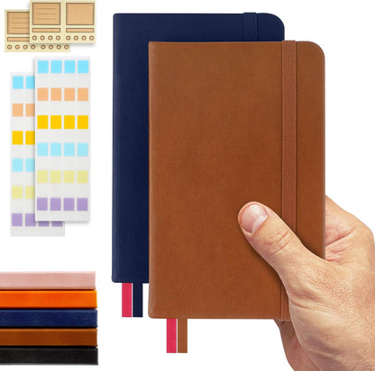 Pocket Dotted Notebook, 2-Pack Dot Grid Notebook, Dotted Journal with Stickers, 3.5" x 5.5" Hardcover, Small Mini A6 size, 160 Pages, 100 gsm Thick Paper, Cognac Brown