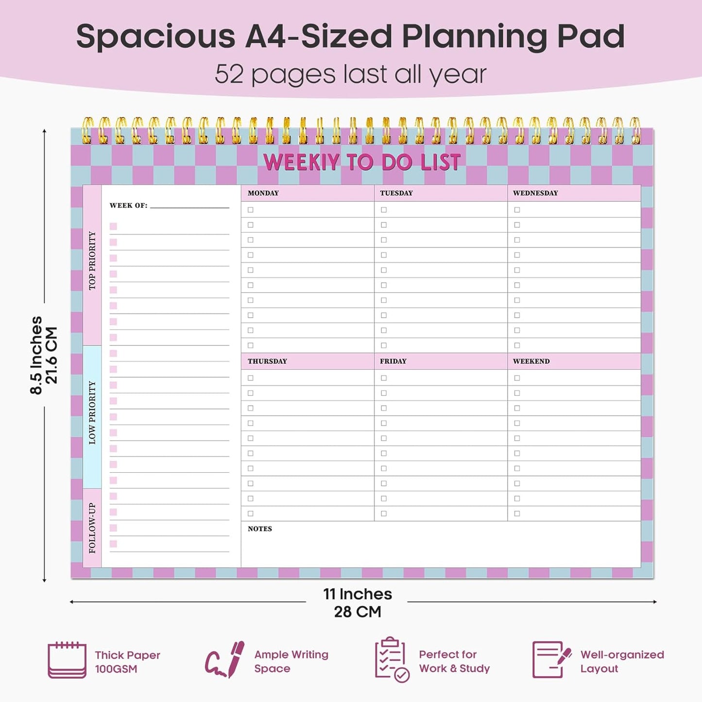 Taja Weekly To Do List Notepad with 52 Undated Sheets（8.5"×11"）- Weekly Desk Planner for Women & Man, Work and Home -1 Pack Violet Dream