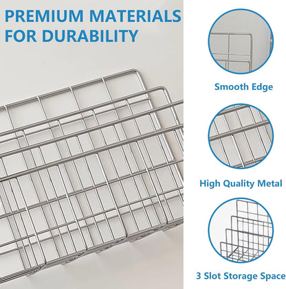 Silver Metal Desktop Organizer – 4-Slot Wire Mail Sorter, Minimalist Iron Art File Holder, Multi-Purpose Book Rack & Letter Organizer for Office, Home & School