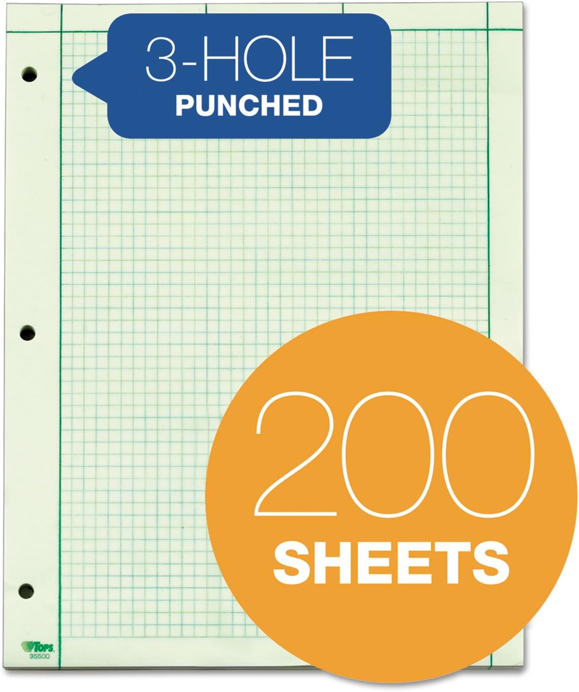 TOPS Engineering Computation Pad, 8-1/2" x 11", Glue Top, 5 x 5 Graph Rule on Back, Green Tint Paper, 3-Hole Punched, 200 Sheets (35502)
