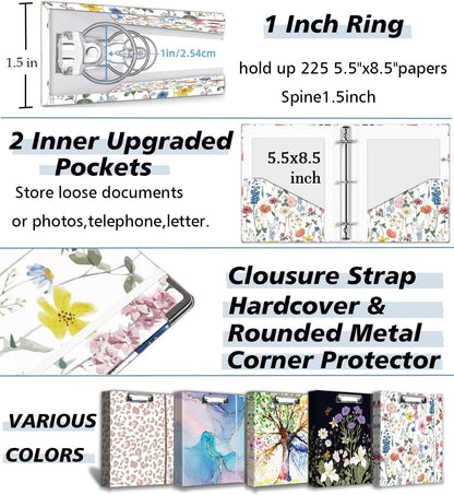 3 Ring Binder 1 Inch, Three Ring Binders Organizer with Clipboard, 5-Tabs Pockets Dividers, Plastic Folder, 18 Divider Stikers, BVSSX Pretty Binder with Pen Loop (Black Weeds, Letter Size)