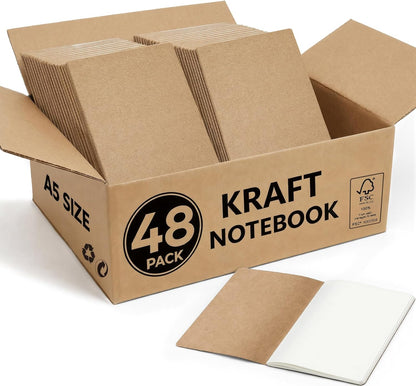 48 Pack Kraft Notebooks Bulk A5, 60 Pages Blank Unlined Journals, 8.3x5.5 Inches, Natural Kraft Cover Composition Notebooks for School Office Students Artists