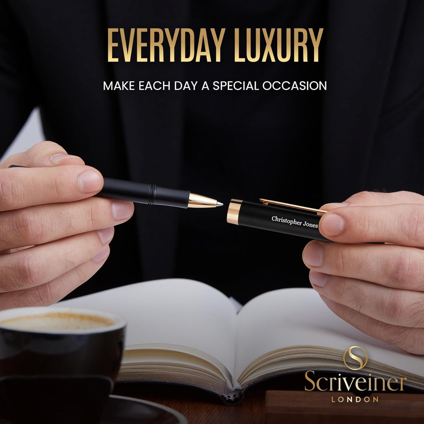 Scriveiner Black Rollerball EDC Luxury Pen, Stunning Pocket Pen with Chrome Finish, Cool Writing, Best Gift for Men & Women, German Schmidt Refill, Nice Present, Fancy Office Designer Set