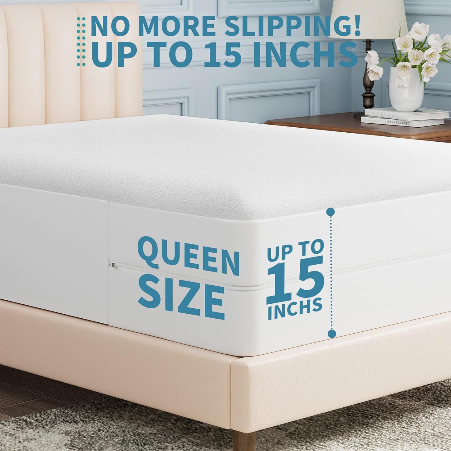 OhGeni 100% Waterproof Queen Size Mattress Protector,Soft Mattress Pad, Cooling Breathable Fitted Sheets,Washable Bed Cover,Non-Slip Deep Pocket,Noiseless for Bedroom