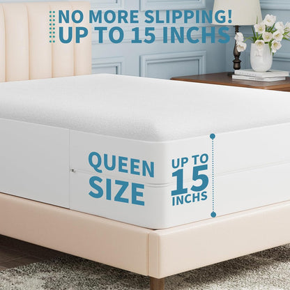 OhGeni 100% Waterproof Queen Size Mattress Protector,Soft Mattress Pad, Cooling Breathable Fitted Sheets,Washable Bed Cover,Non-Slip Deep Pocket,Noiseless for Bedroom