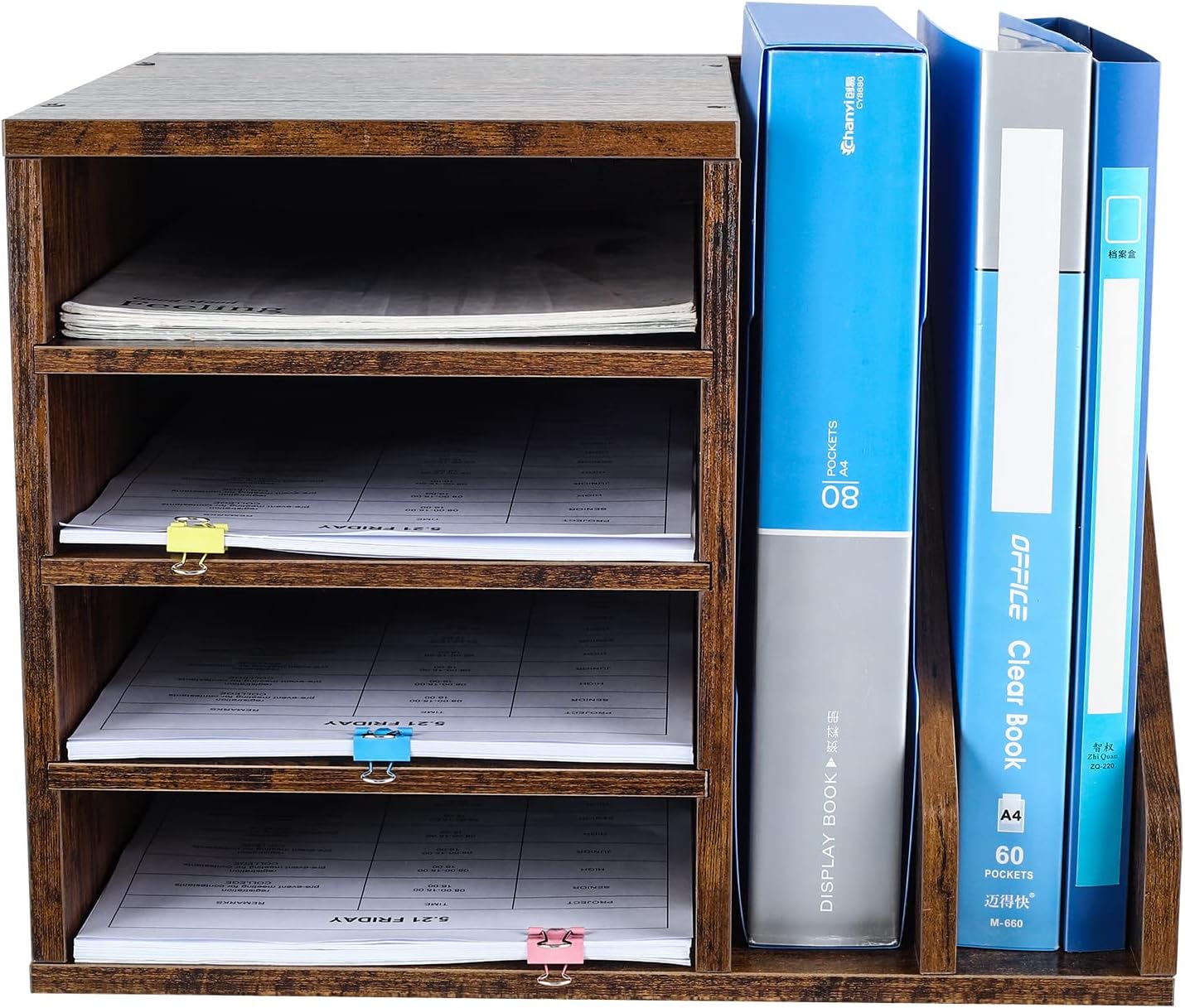 PAG Wood Desktop File Holder Organizer Mail Sorter for File Folders, Mails, Envelopes, Mailing Supplies or Magazines, Brown