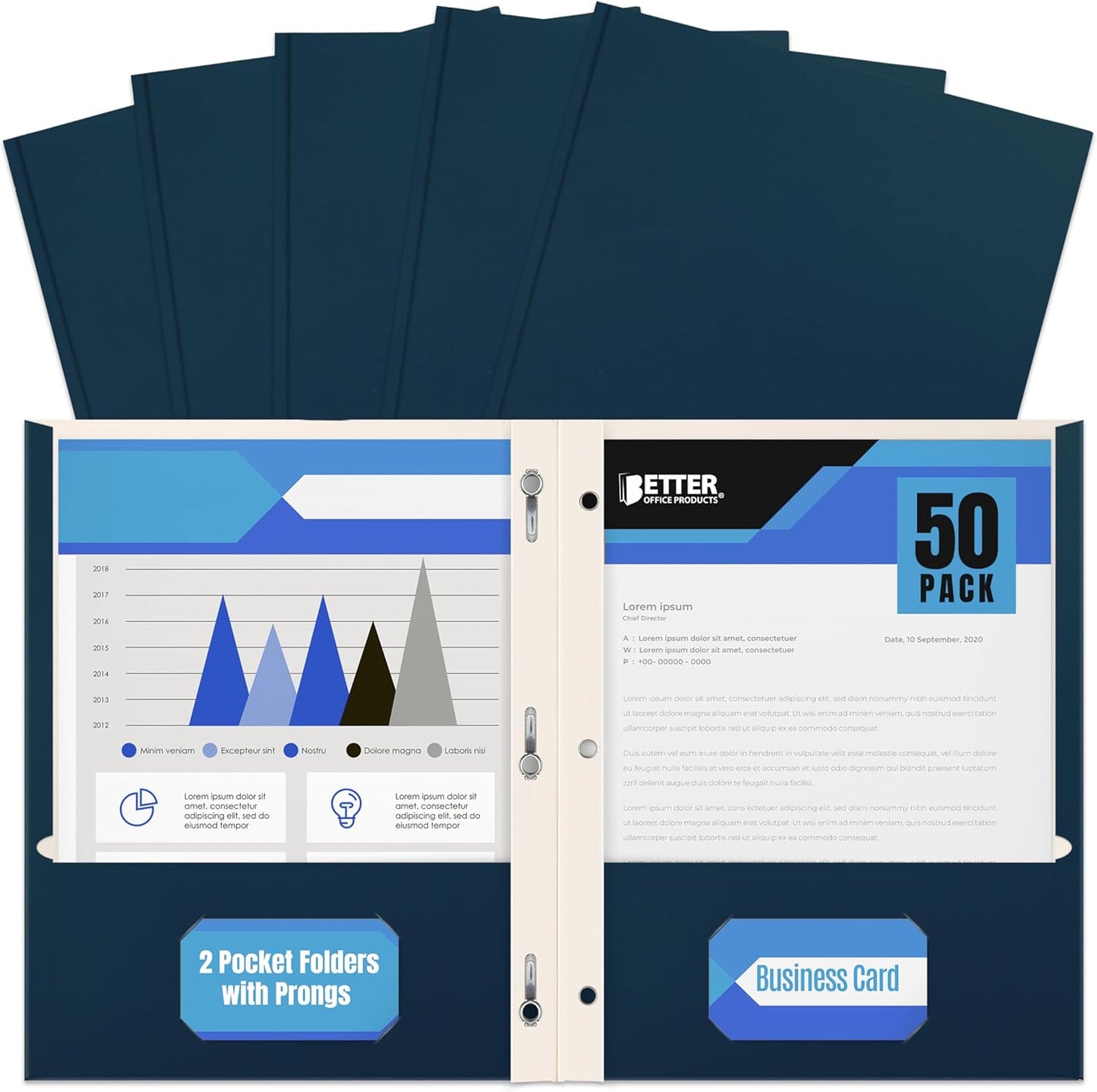 Better Office Products Blue Paper 2 Pocket Folders with Prongs, 50 Pack, Matte Texture, Letter Size Paper Folders, 50 Pack, with 3 Metal Prong Fastener Clips, Blue