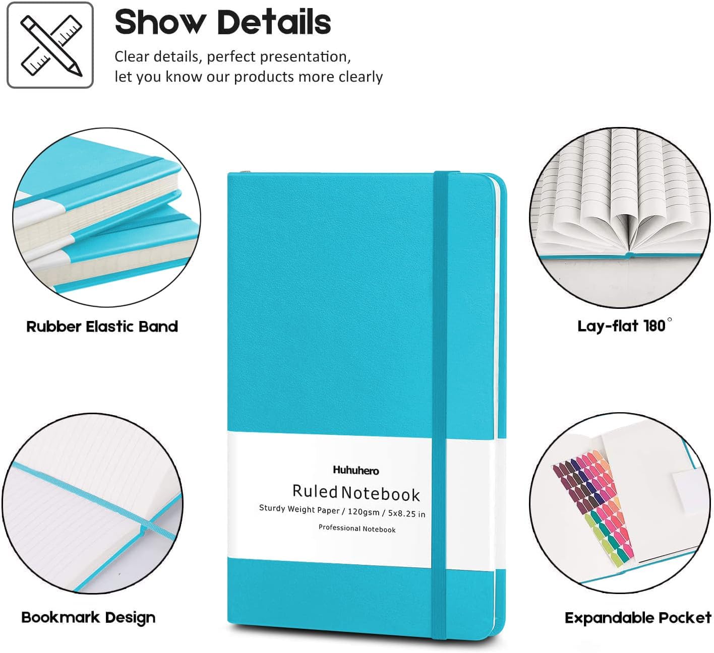 Huhuhero 5 Pack Lined Journal Notebooks, Hardcover Notebook for Work School Office, 5"×8.25", 120Gsm Thick Ruled Writing Journals for Note Taking Business, Black
