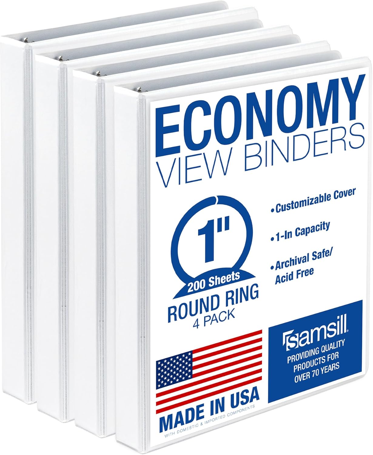 Samsill 1.5 Inch 3 Ring Binders, Economy Round Ring, Clear View Cover, 325 Sheet Capacity - for School, Home, Office - White, 4 Pack