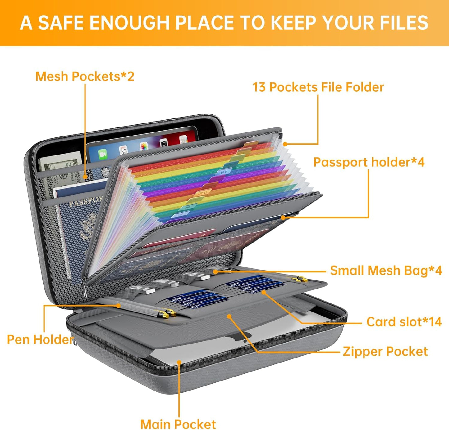 DocSafe Fireproof File Organizer with Lock, Hard-Shell Case Fireproof Document Box with 13 Pocket Accordion File Folder, Portable Home Office Travel Safe Storage for Important Documents Laptop Black