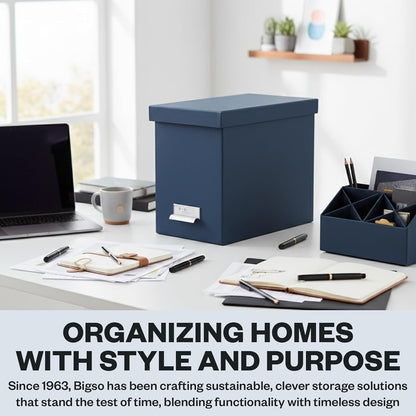 Bigso John Fiberboard Label Frame Desktop File Storage Box - Document Organizer for Important Paperwork - Durable Hanging File Box with a Lid & Metal Label Window - 7.36 x 13.38 x 10.51 in - White