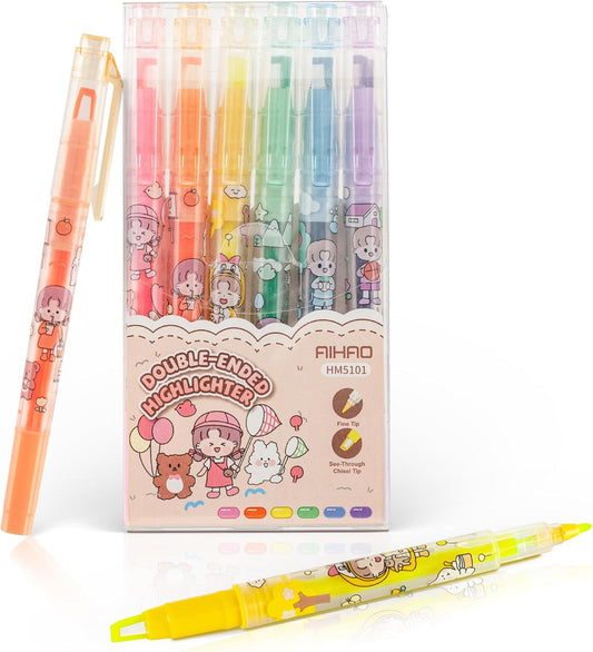 AIHAO Clear View Dual Tip Highlighters, 6-Pack Assorted Colors – See-Through Chisel & Fine Tips, Precise Highlighting Marker Set