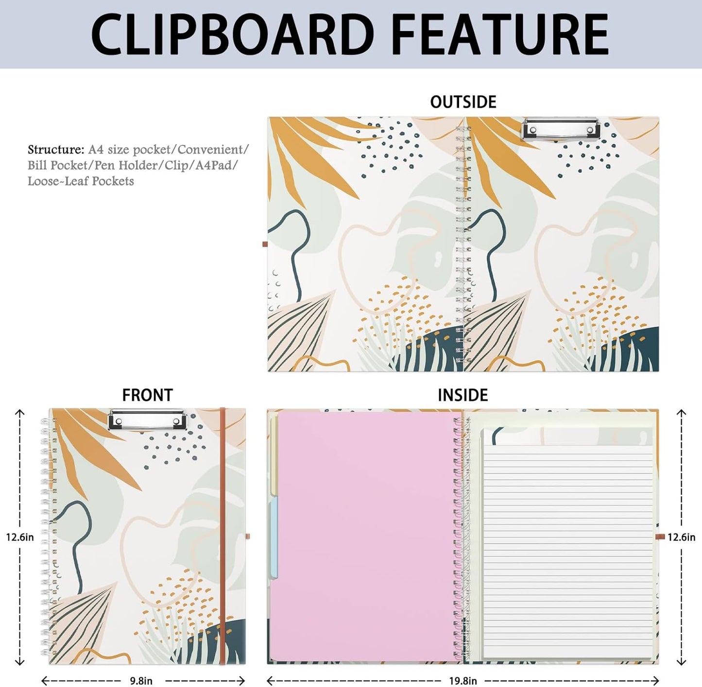 Rimilak Spiral Clipboards Folio with Refillable Lined Notepad, 14.5 x 9.8 In, Hardcover Cover with 5 Interior Pockets, Elastic Band and Pen Loop Series. Cute Stylish Clipfolio, Daisy Flower