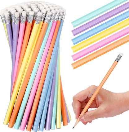 TecUnite 60 Pcs HB Pencils #2 Unsharpened Wood Cased Pencils with Eraser Hexagonal Pencil Cute Graphite No 2 Pen for Adults Gifts Exam School Office Sketching Learning (Wood Color, Silver)