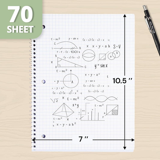 ONAVIA Graph Ruled Subject Spiral Notebook, 5 Pack, 4x4 Grid Paper, 8" x 10-1/2", 70 Sheets, 1 Subject, 3-Hole Punched for School, Work, Assorted Colors
