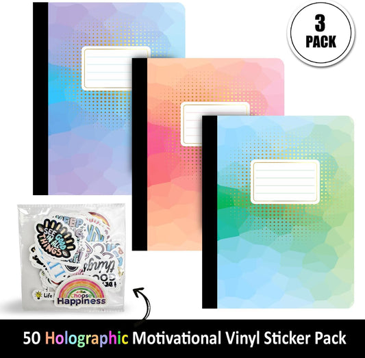Jainzy Composition Notebooks, 3 Pack with 50 Motivational Stickers,College Ruled, 9.7 x 7.5 inches, 140 Pages, Gold Foil Details