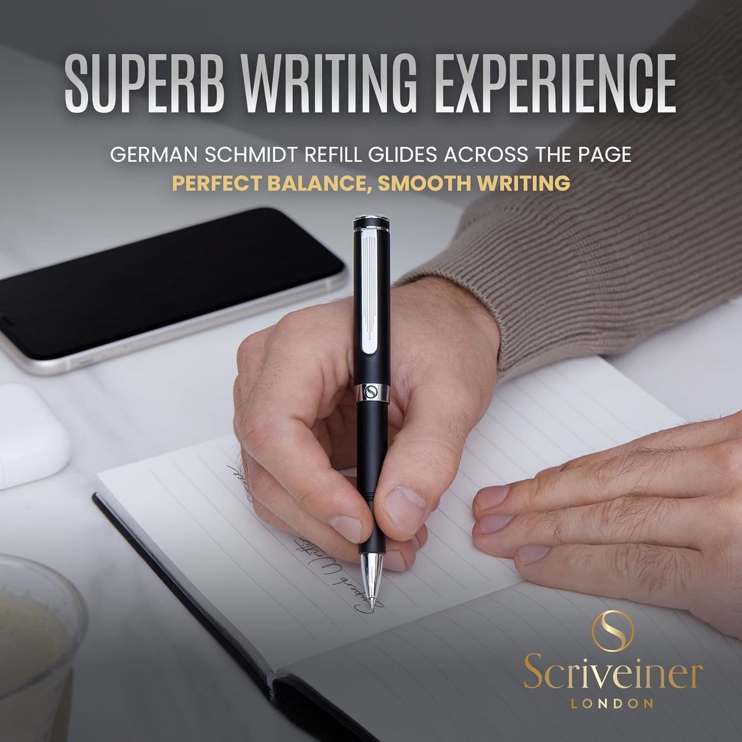 Scriveiner Black Rollerball EDC Luxury Pen, Stunning Pocket Pen with Chrome Finish, Cool Writing, Best Gift for Men & Women, German Schmidt Refill, Nice Present, Fancy Office Designer Set