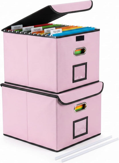 CADONO File Organizer Box with Lid, Large Hanging File Folder Organizer with Plastic Slide, Collapsible Portable Filing Storage Boxes for Office/Decor/Home (Black, 14.9 x 12.59 x 10.8 inch)