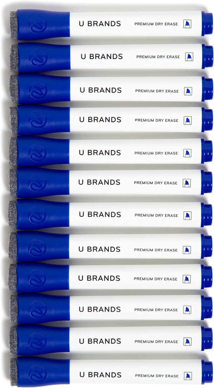 U Brands Dry Erase Markers, Fine Tip Whiteboard Markers, Chisel Tip, Low Odor, Black Dry Erase Marker Set with Eraser Caps, Office School Classroom Supplies, 12 Count
