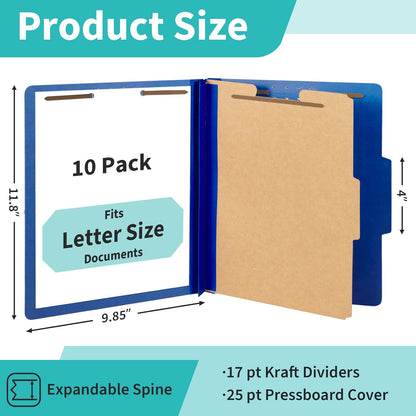 Binditek 10-Pack Pressboard Classification Folders, 1 Divider, Letter Size (8.5" x 11"), 2" Tyvek Expansions, 4 Embedded Top Fasteners (2-Prong Design), Navy