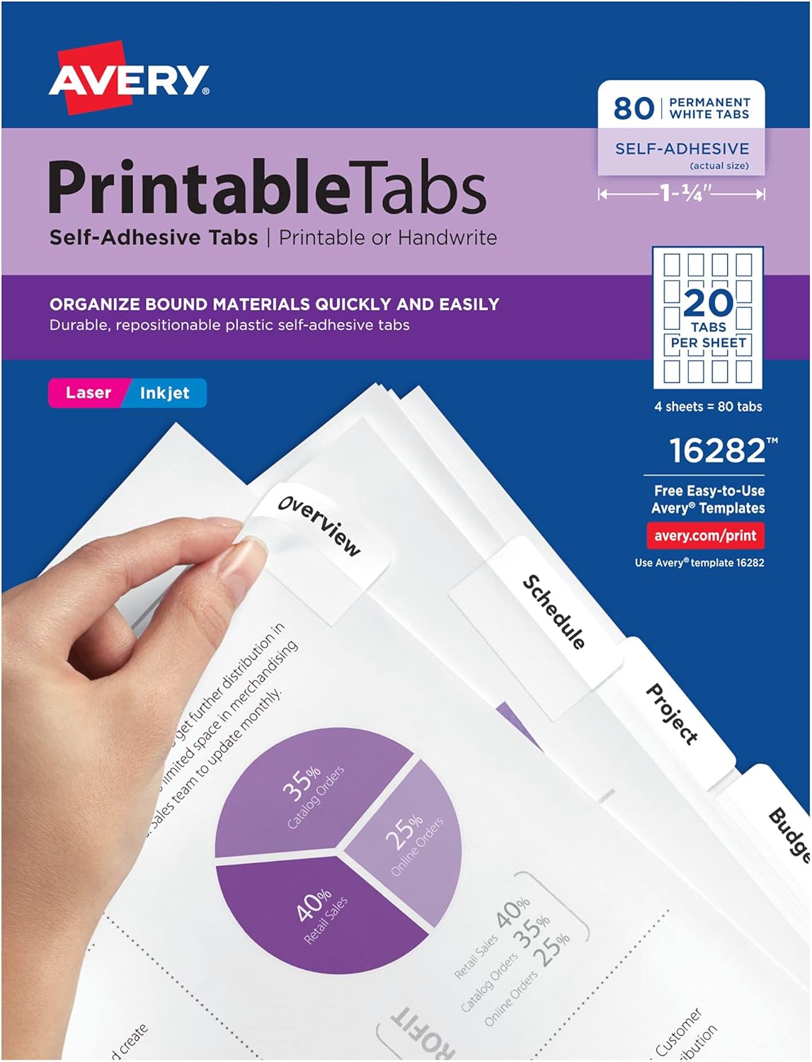 Avery Printable Self-Adhesive Plastic Tabs, 1-3/4", Repositionable Adhesive, White, Pack of 80 (16282)