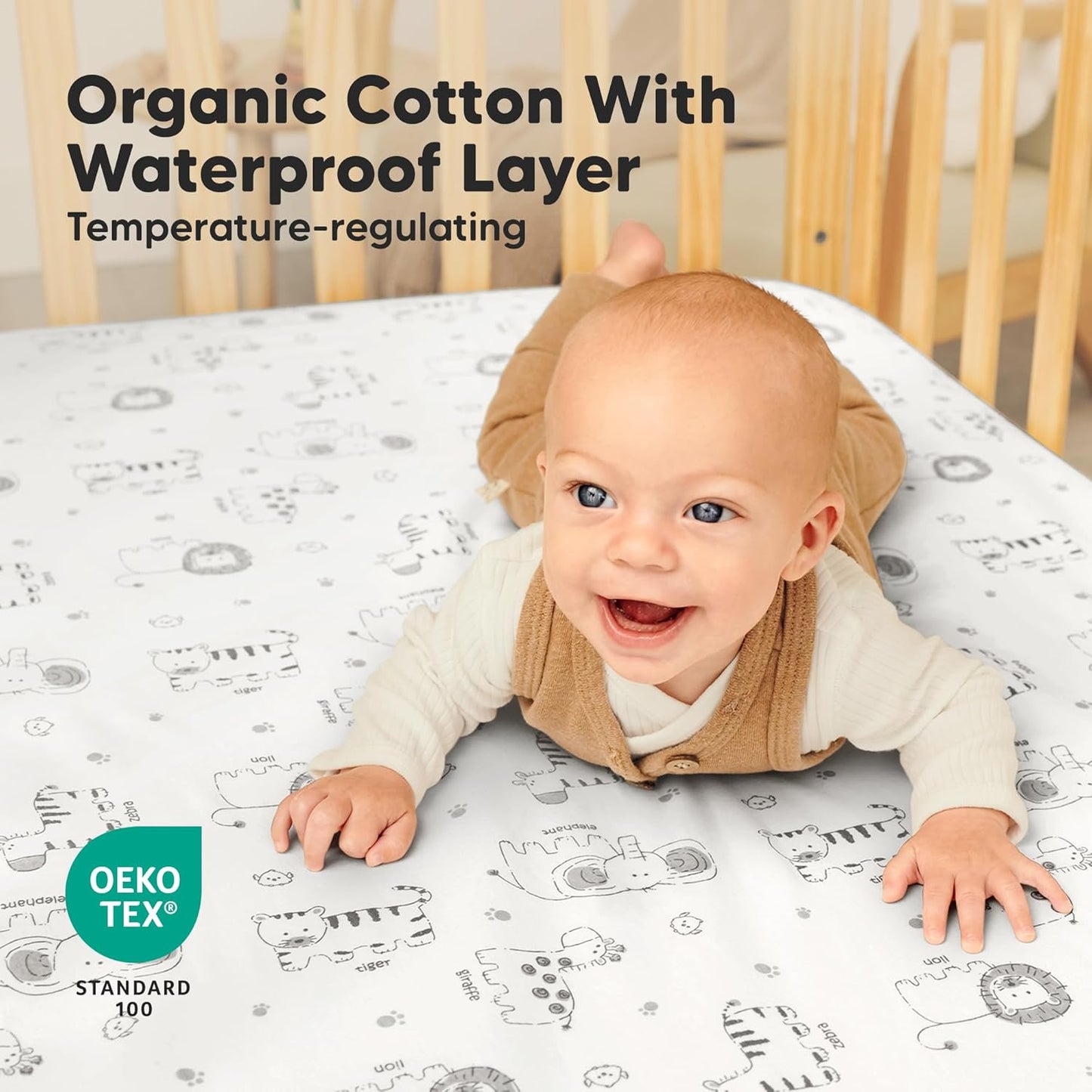 2-Pack Waterproof Crib Sheets for Boys, Girls - 52x28 Fitted Organic Cotton Baby Crib Sheets, Toddler Mattress Protector Cover, Washable, Soft & Durable Baby Bedding Essentials(Pine Grove)