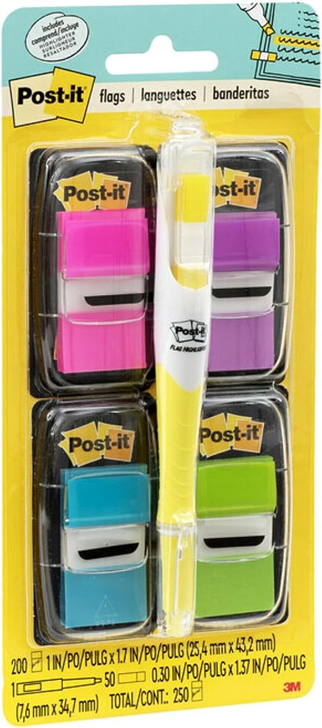 Post-it Flags Value Pack, 50/Dispenser, 4 Dispensers/Pack, 1 in Wide, Assorted Bright Colors, Includes FREE Flags + Highlighter (680-PPBGVA)