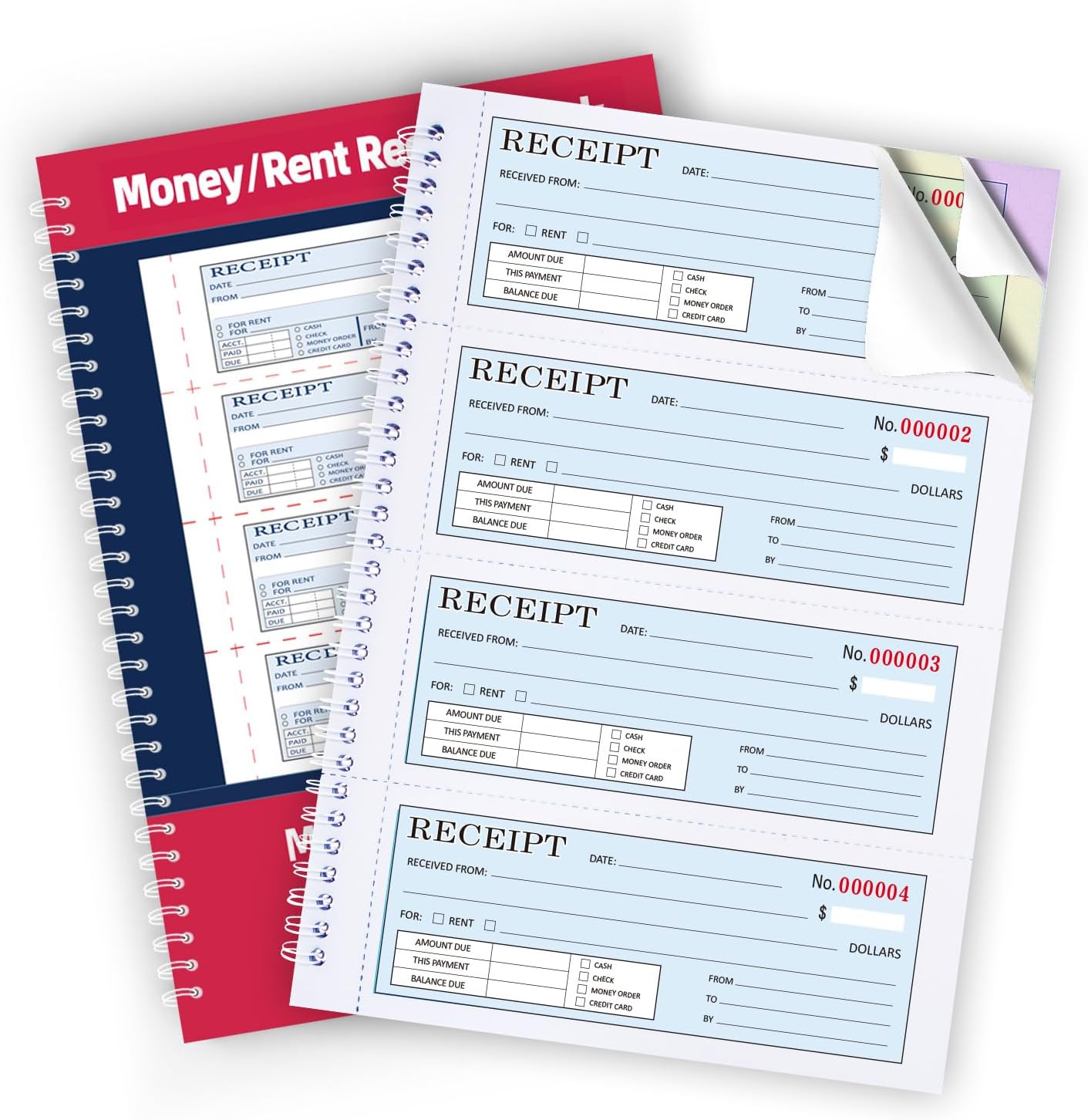 Zzrywuty Money and Rent Receipt Book with Cardboard Insert,2-Part Carbonless,5.3”x11.2” Spiral Bound,200 Sets per Book,4 Receipts per Page for Office Supplier,Rent and Cash Transaction