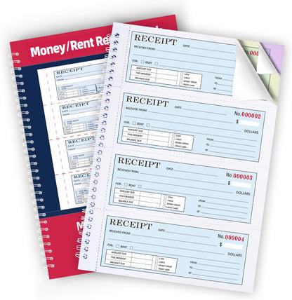 Zzrywuty Money and Rent Receipt Book with Cardboard Insert,2-Part Carbonless,5.3”x11.2” Spiral Bound,200 Sets per Book,4 Receipts per Page for Office Supplier,Rent and Cash Transaction