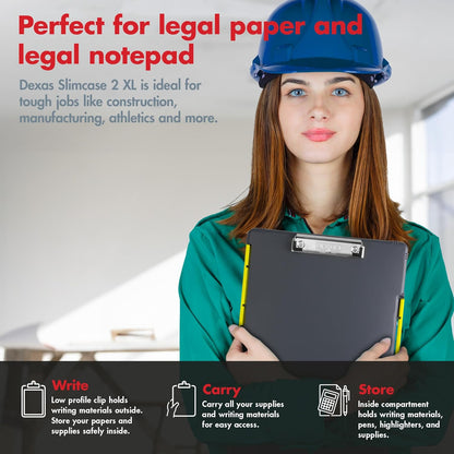 Dexas Legal Size XL Slimcase 2 Storage Clipboard, Gray with Green Clip, 15.5" x 10.5"