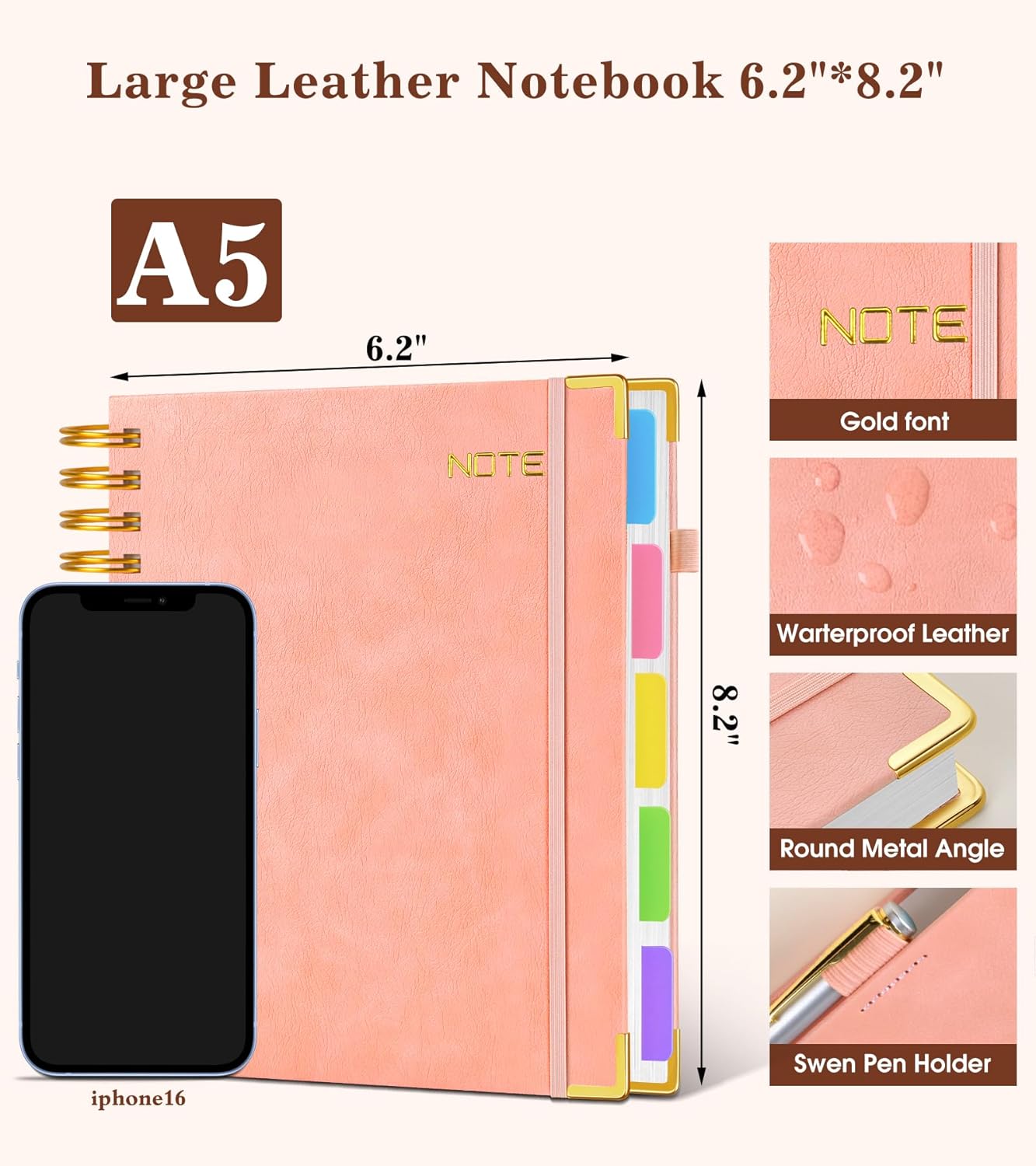 Hardcover Large Spiral Notebook 8.5" x 11" with Removable Dividers Tabs, 300 pages Leather 5 Subject Notebook College Ruled, A4 Journal for Women Men, Notebooks for Work School Note taking,Black